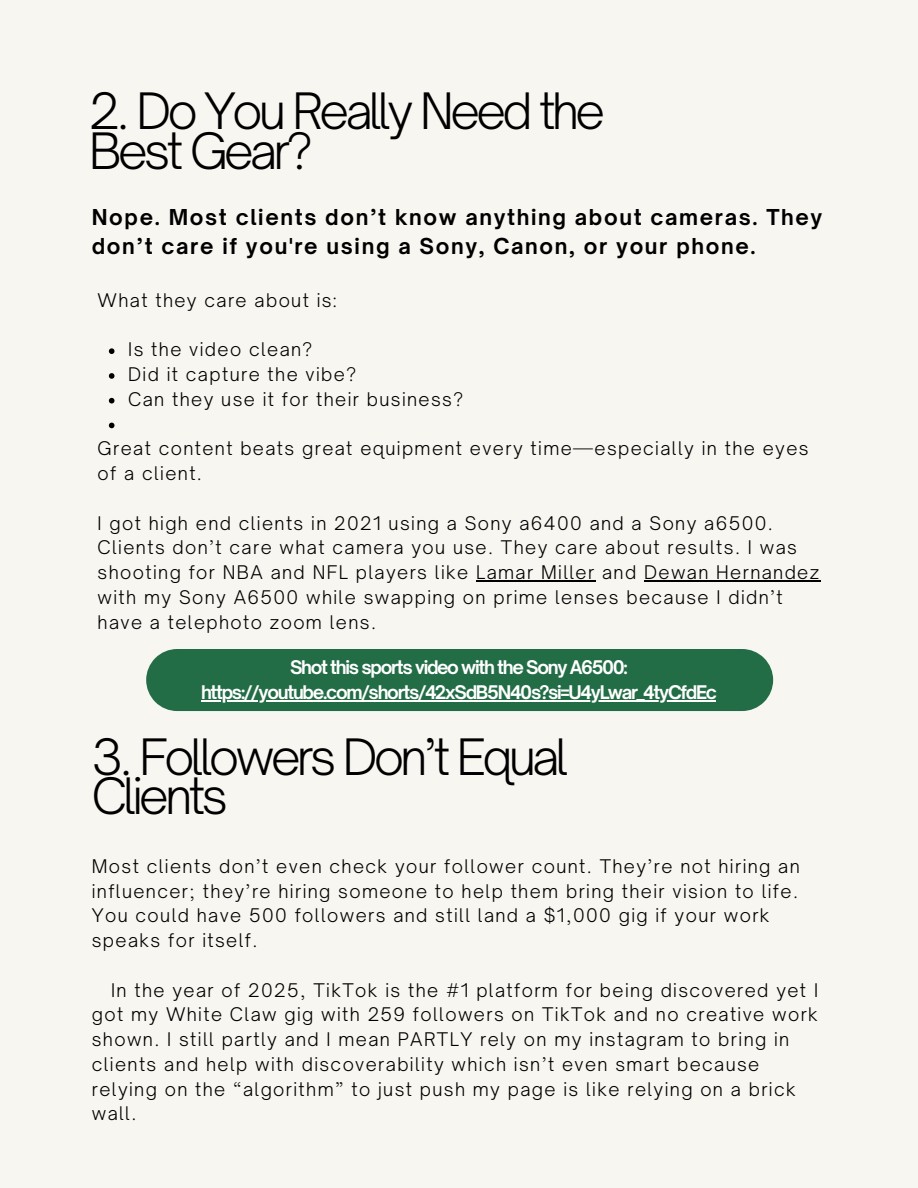 How to Get Paid Clients as a Beginner Videographer — Sample chapter · gear and followers, page 4