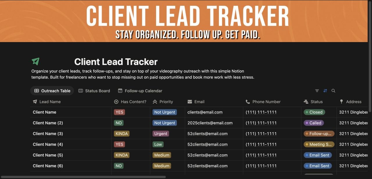The Client Lead Tracker — Actual Notion template · sample leads